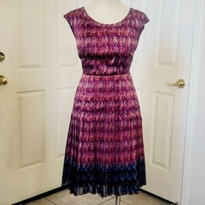HALOGEN Burgundy Plum Dress Fit Flare Pleated Office Wedding Guest SIZE 4PETITE